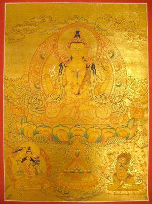 Chengrezig Avalokitesvara Hand-painted 24k Gold Style Thangka Flanked by Vajrapani & Manjushree